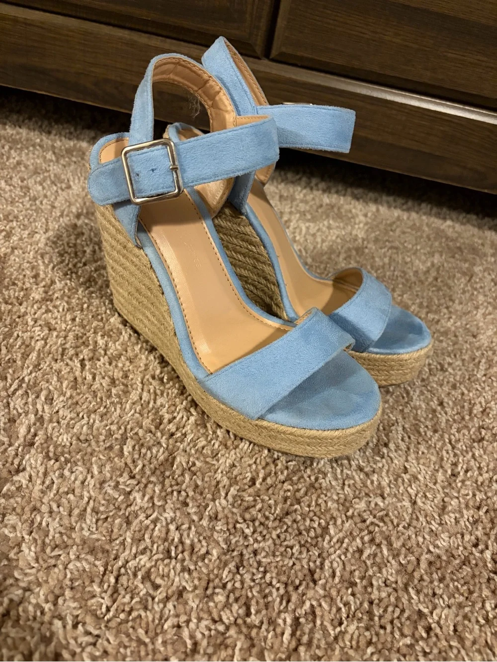 Wild Diva Light Blue Suede Ankle-Strap Wedge Sandals - Picture 3 of 5